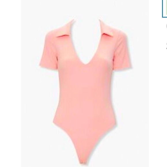 Forever 21 Peach or Pink Medium Short Sleeved Collared Plunging Ribbed Bodysuit - Picture 1 of 3